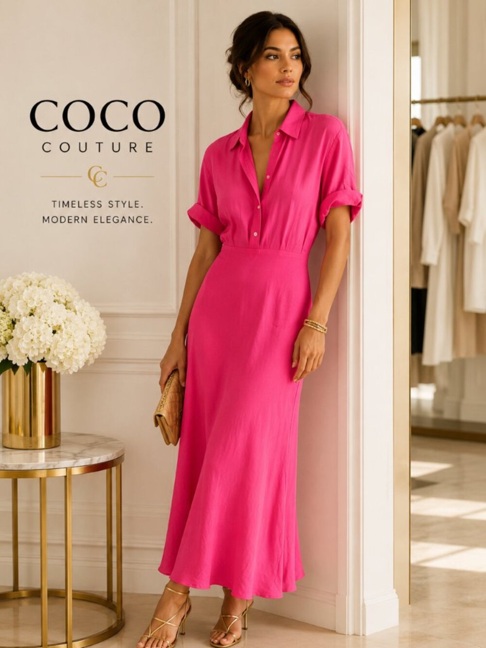 SD119335 Hot Pink Silk Shirt Dress Long